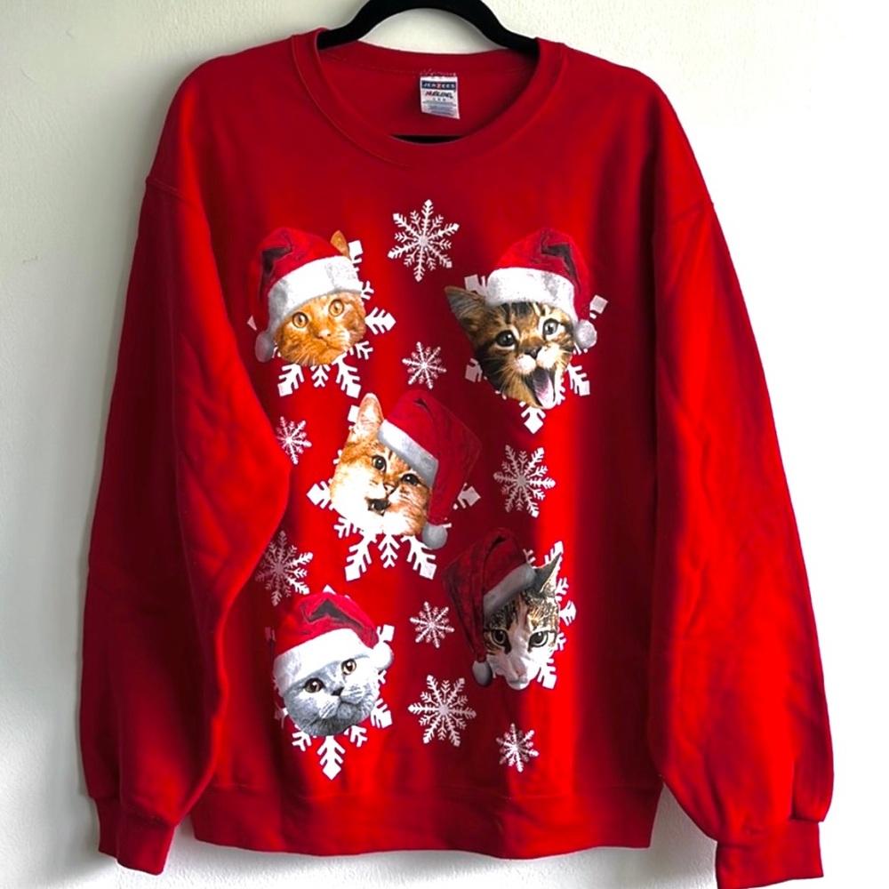 Holiday Cat Red Ugly Christmas Sweater Size L